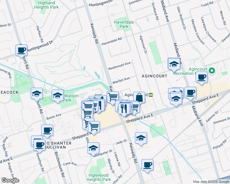 map of restaurants, bars, coffee shops, grocery stores, and more near 2389 Kennedy Road in Toronto