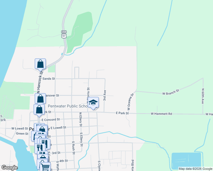 map of restaurants, bars, coffee shops, grocery stores, and more near 570 3rd Avenue in Pentwater
