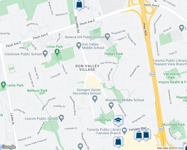 map of restaurants, bars, coffee shops, grocery stores, and more near 3078 Don Mills Road East in Toronto