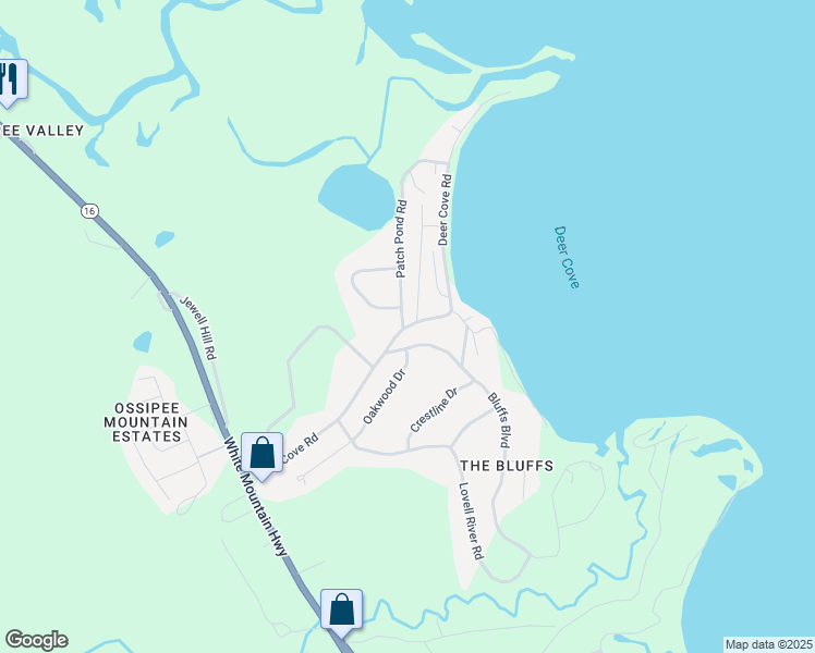map of restaurants, bars, coffee shops, grocery stores, and more near 50 Patch Pond Road in Ossipee