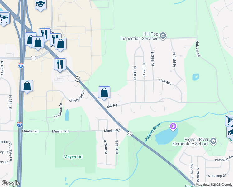 map of restaurants, bars, coffee shops, grocery stores, and more near 3844 Pine View Drive in Sheboygan