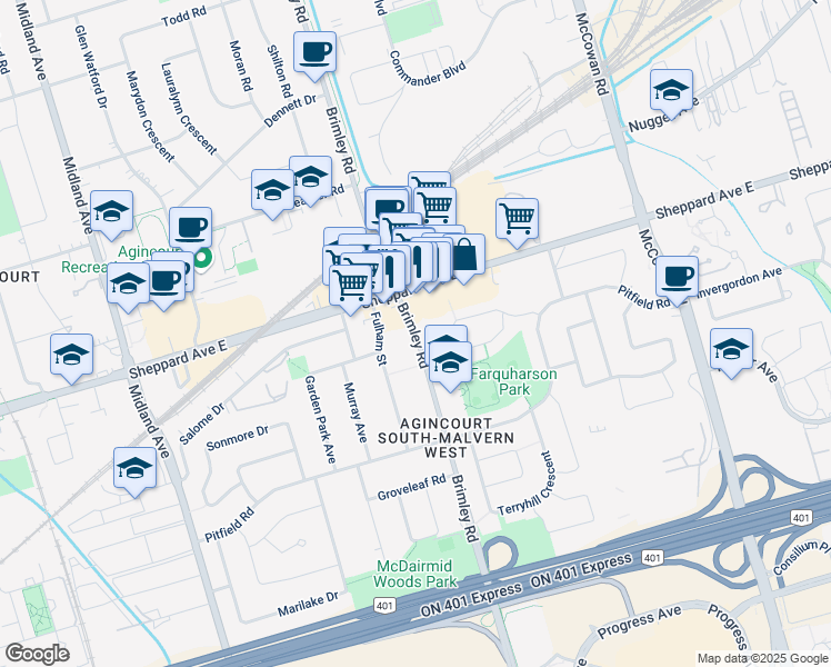 map of restaurants, bars, coffee shops, grocery stores, and more near 2009 Brimley Road in Toronto