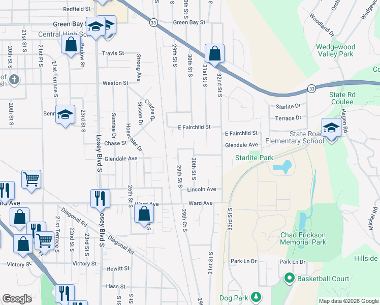 map of restaurants, bars, coffee shops, grocery stores, and more near 2500 30th St S in La Crosse