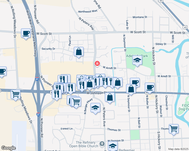map of restaurants, bars, coffee shops, grocery stores, and more near 346-376 N Peters Ave in Fond du Lac