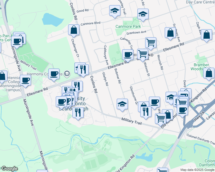 map of restaurants, bars, coffee shops, grocery stores, and more near 53 Gladys Road in Toronto