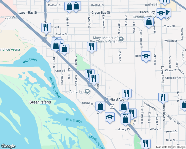 map of restaurants, bars, coffee shops, grocery stores, and more near 2517 16th Street South in La Crosse