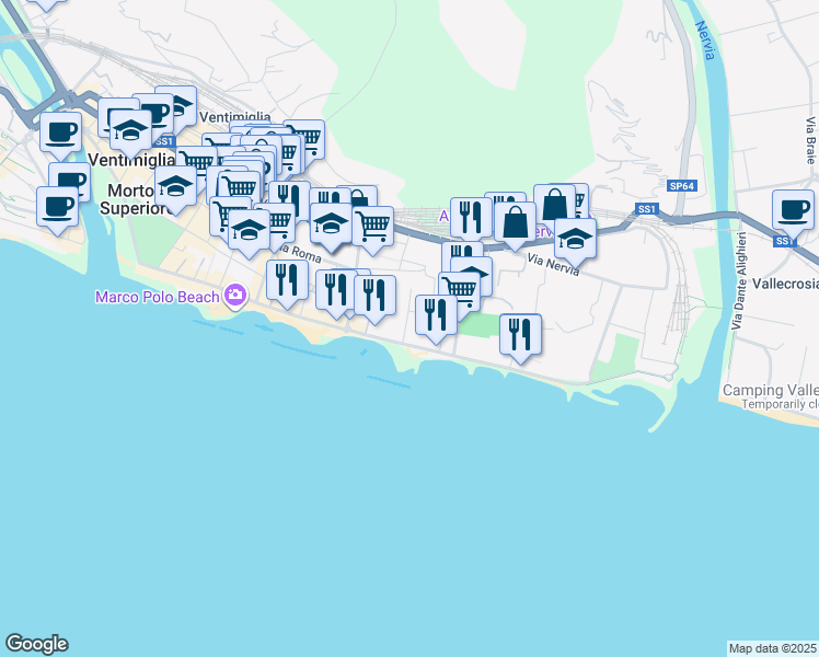 map of restaurants, bars, coffee shops, grocery stores, and more near 25 Passaggio Trento Trieste in Ventimiglia