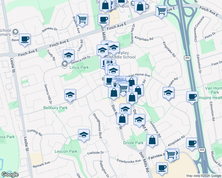 map of restaurants, bars, coffee shops, grocery stores, and more near 201 Van Horne Avenue in Toronto