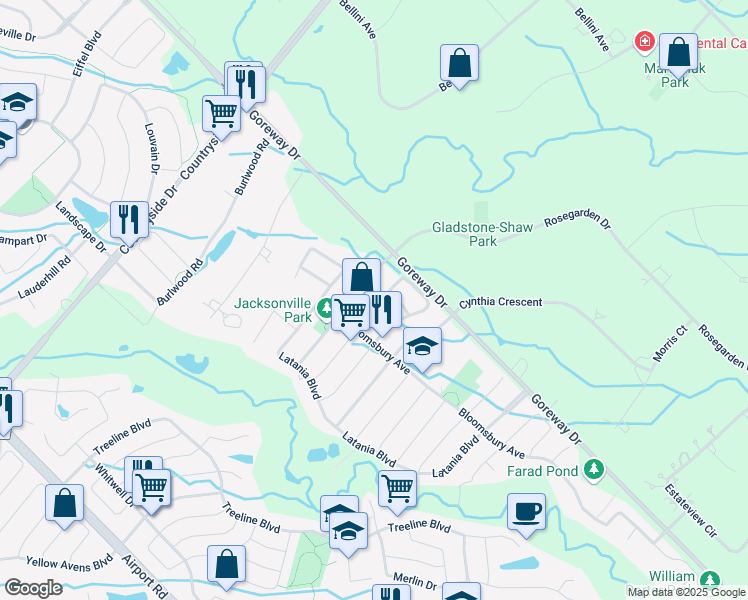 map of restaurants, bars, coffee shops, grocery stores, and more near 64 Supino Crescent in Brampton