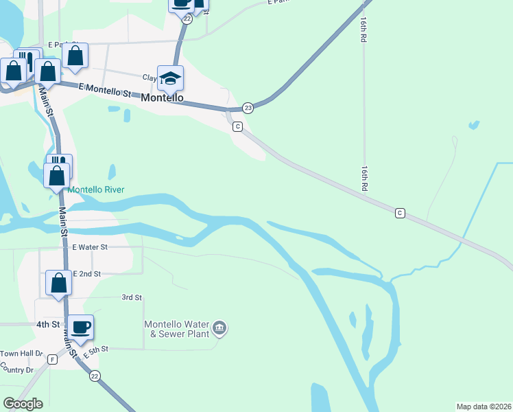 map of restaurants, bars, coffee shops, grocery stores, and more near W3016 East Water Street in Montello