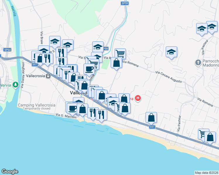 map of restaurants, bars, coffee shops, grocery stores, and more near 43 Via Don Giovanni Bosco in Vallecrosia