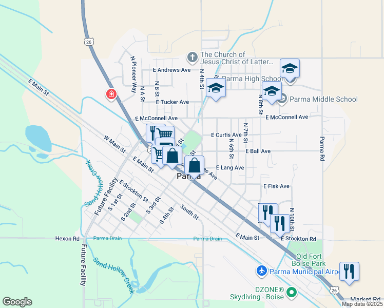map of restaurants, bars, coffee shops, grocery stores, and more near 305 North 3rd Street in Parma