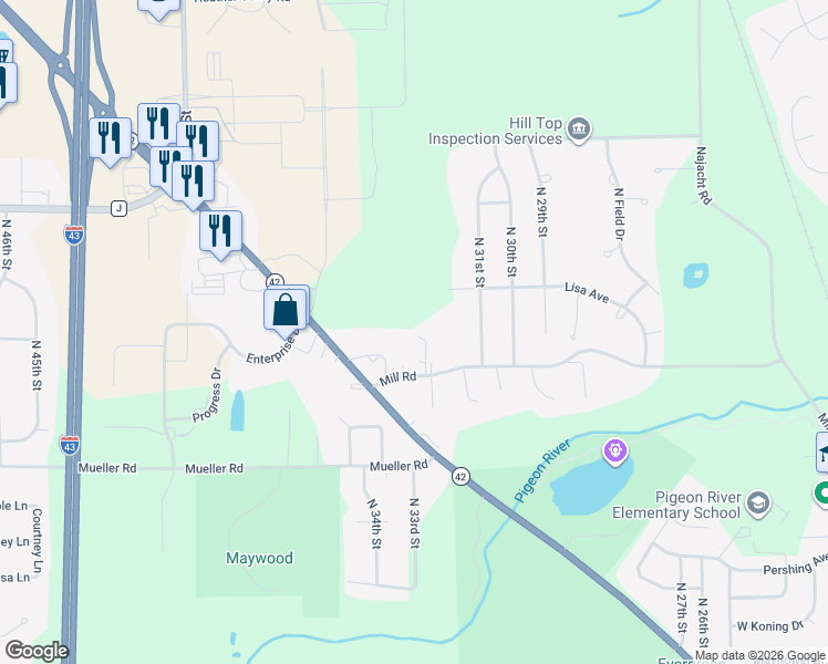 map of restaurants, bars, coffee shops, grocery stores, and more near 3844 Pine View Drive in Sheboygan