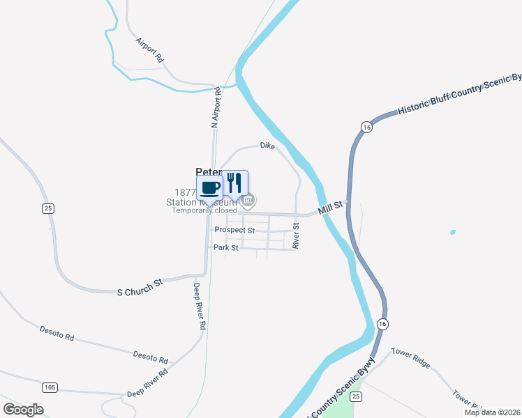 map of restaurants, bars, coffee shops, grocery stores, and more near 208 Mill Street in Peterson