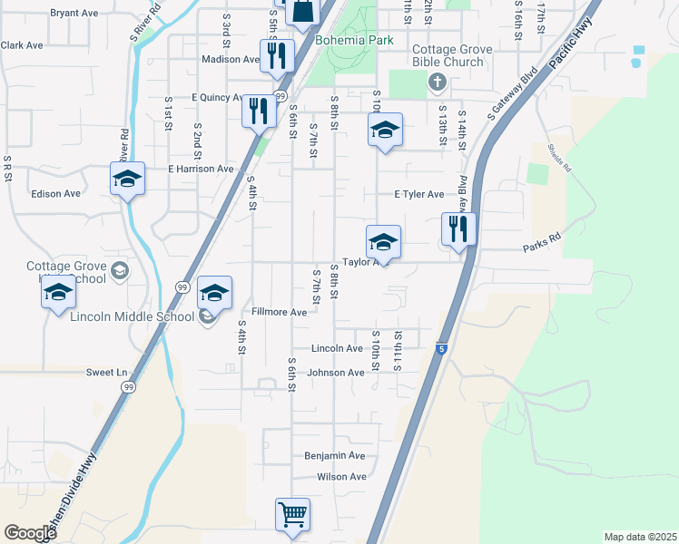 map of restaurants, bars, coffee shops, grocery stores, and more near 1310 South 8th Street in Cottage Grove