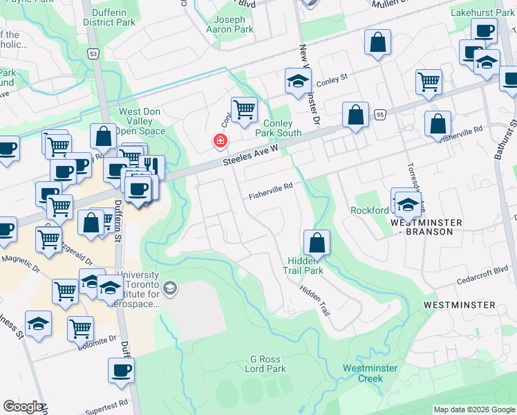 map of restaurants, bars, coffee shops, grocery stores, and more near 133 Stillwater Crescent in Toronto