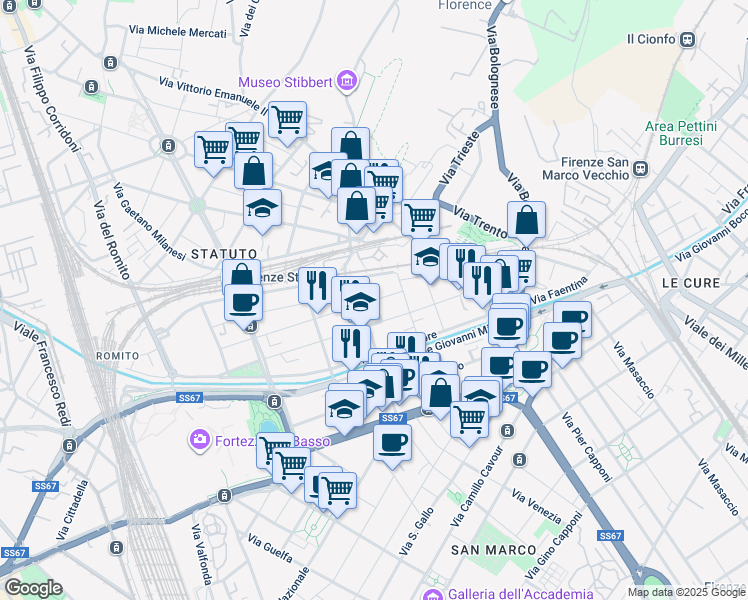 map of restaurants, bars, coffee shops, grocery stores, and more near 18 Via della Cernaia in Florence