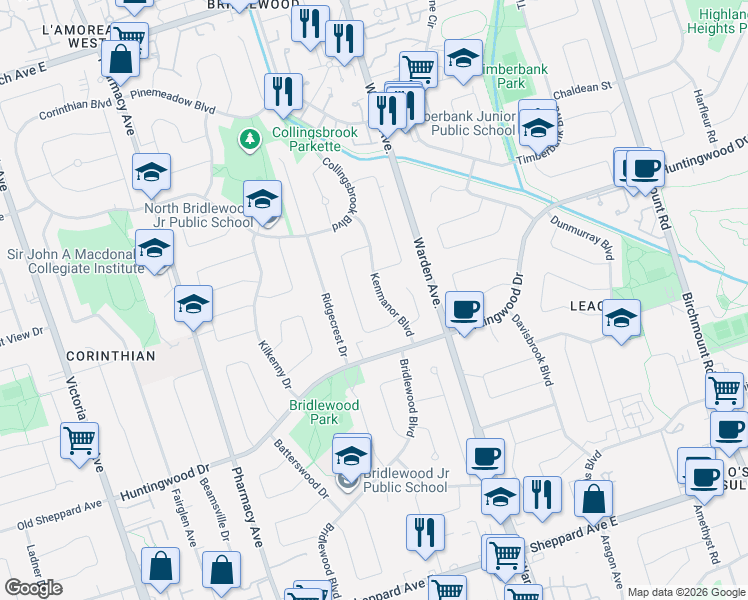 map of restaurants, bars, coffee shops, grocery stores, and more near 22 Kenmanor Boulevard in Toronto