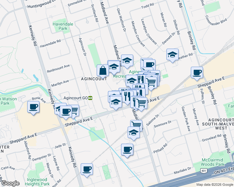map of restaurants, bars, coffee shops, grocery stores, and more near 19 Donalda Crescent in Toronto