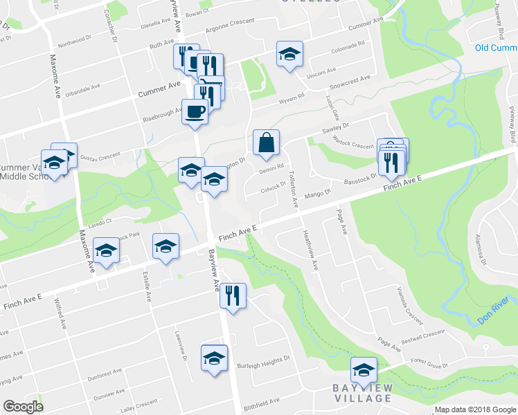 map of restaurants, bars, coffee shops, grocery stores, and more near 10 Gaspe Road in Toronto
