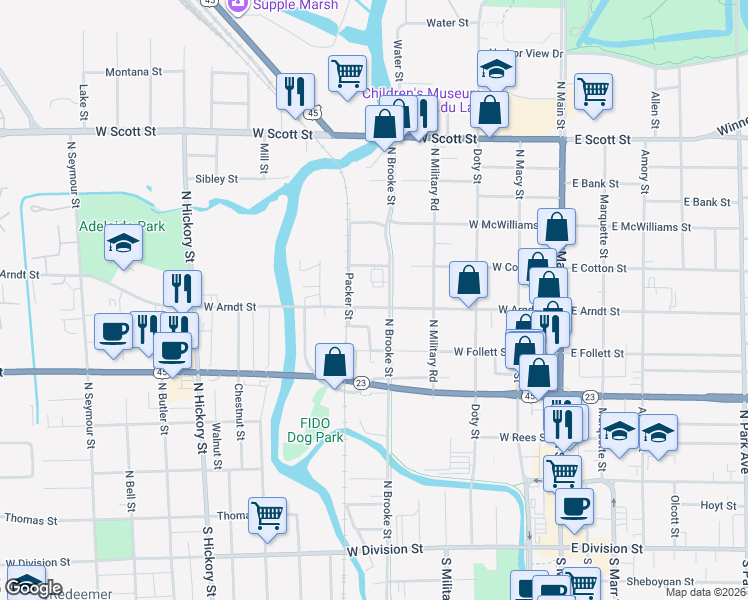 map of restaurants, bars, coffee shops, grocery stores, and more near 217 West Arndt Street in Fond du Lac