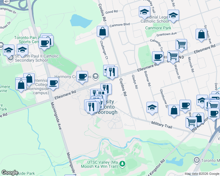 map of restaurants, bars, coffee shops, grocery stores, and more near in Toronto