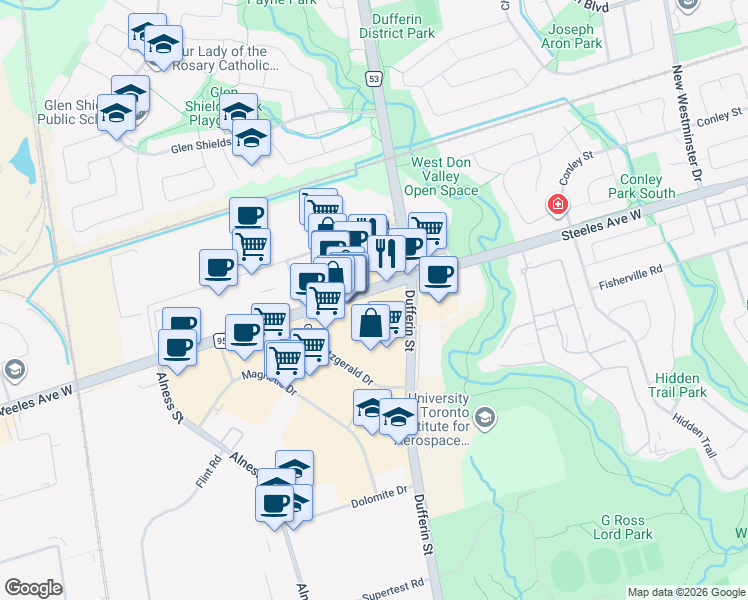 map of restaurants, bars, coffee shops, grocery stores, and more near in Toronto