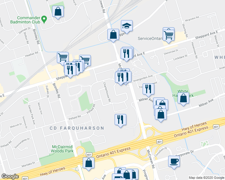 map of restaurants, bars, coffee shops, grocery stores, and more near 80 Keyworth Trail in Toronto