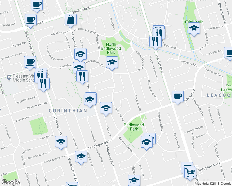 map of restaurants, bars, coffee shops, grocery stores, and more near 3 Sheldonbury Crescent in Toronto
