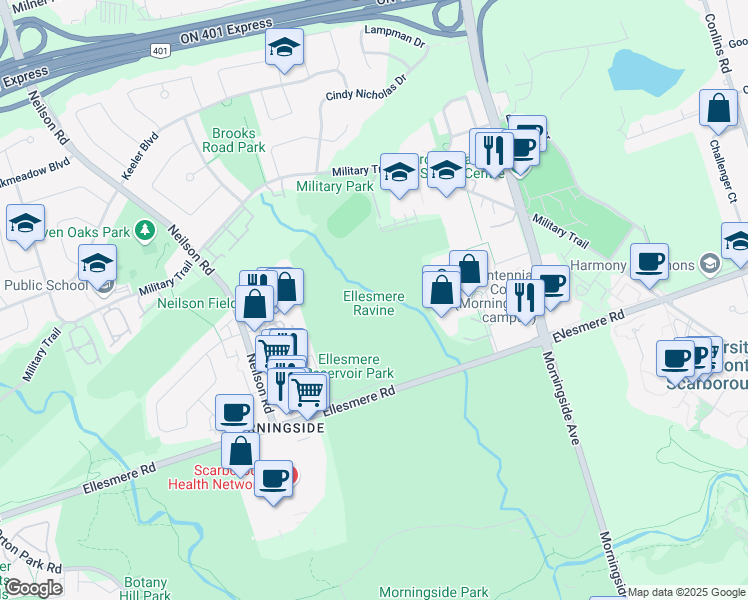 map of restaurants, bars, coffee shops, grocery stores, and more near 3000 Ellesmere Road in Toronto