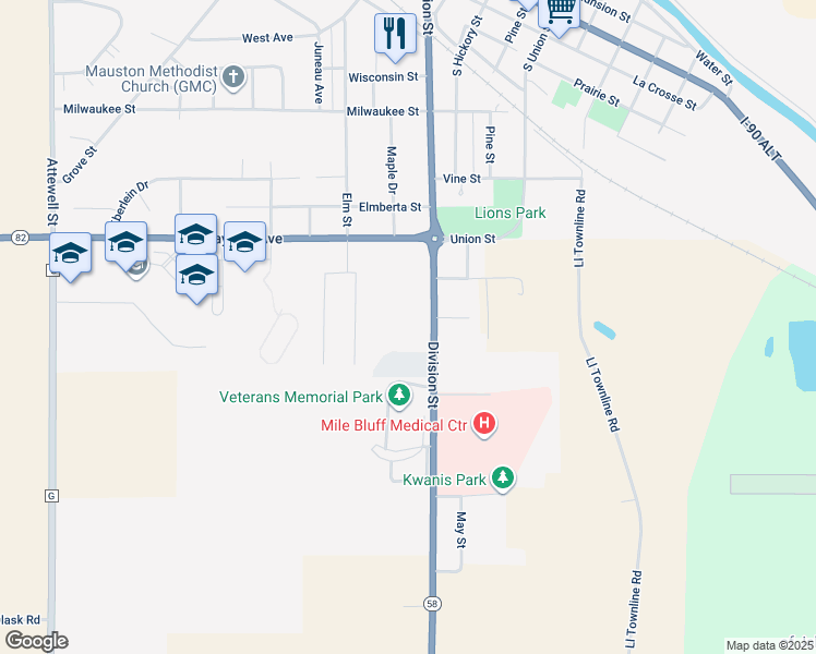 map of restaurants, bars, coffee shops, grocery stores, and more near 913B915B Division Street in Mauston