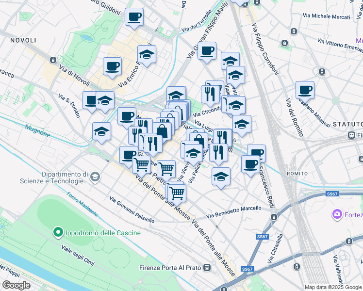 map of restaurants, bars, coffee shops, grocery stores, and more near 55 Via di Maragliano in Florence
