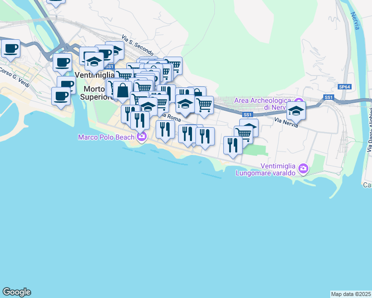 map of restaurants, bars, coffee shops, grocery stores, and more near 81 Passeggiata Cavallotti in Ventimiglia