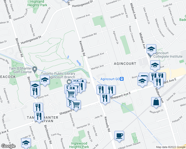 map of restaurants, bars, coffee shops, grocery stores, and more near 2389 Kennedy Road in Toronto