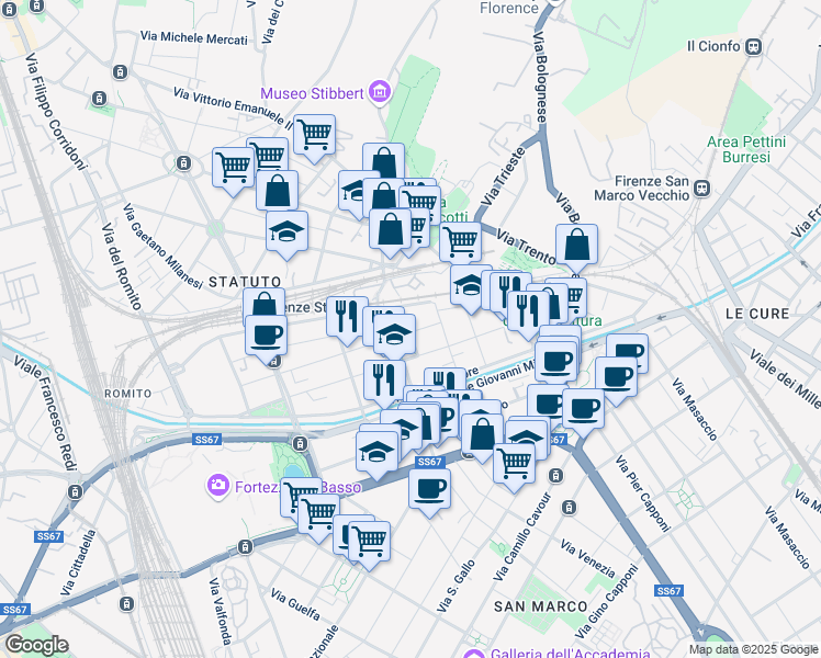 map of restaurants, bars, coffee shops, grocery stores, and more near 18 Via della Cernaia in Florence