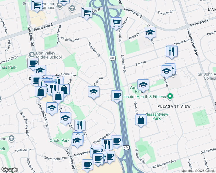 map of restaurants, bars, coffee shops, grocery stores, and more near 19 Oldborough Circle in Toronto