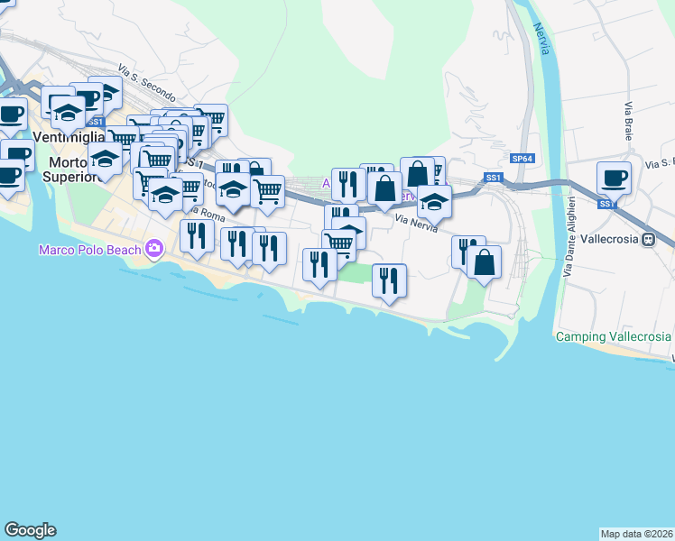 map of restaurants, bars, coffee shops, grocery stores, and more near 21 Via Tacito in Ventimiglia