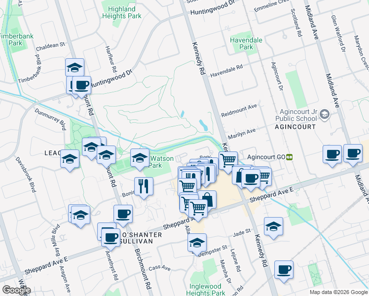 map of restaurants, bars, coffee shops, grocery stores, and more near 168 Bonis Avenue in Toronto