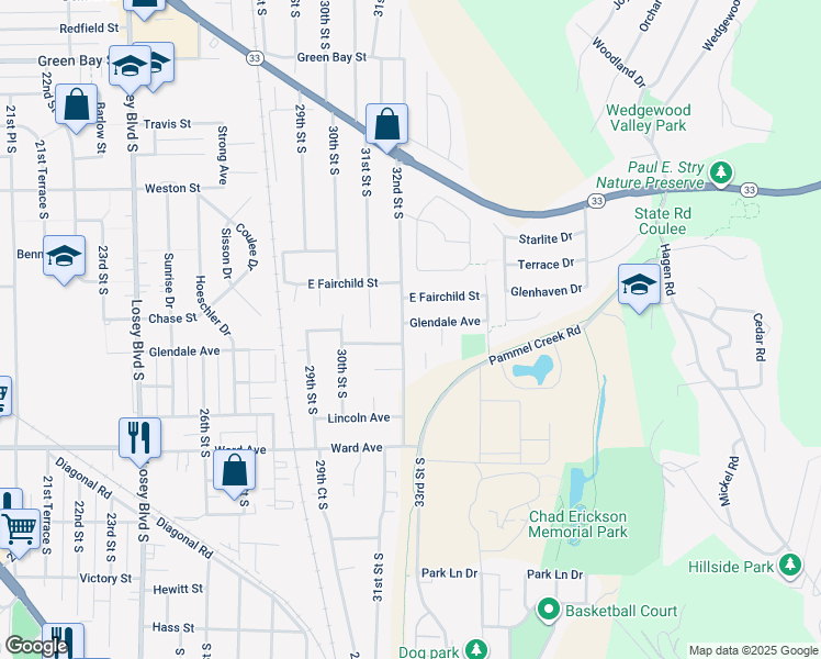 map of restaurants, bars, coffee shops, grocery stores, and more near 3204 Glendale Avenue in La Crosse