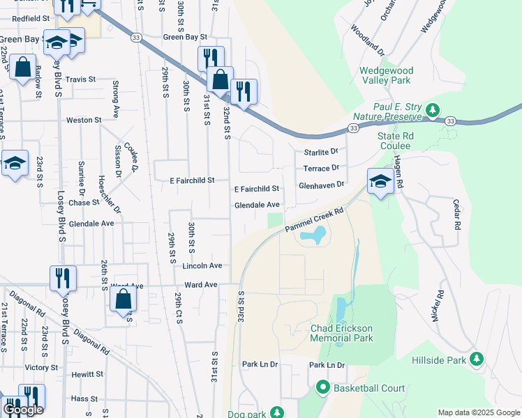 map of restaurants, bars, coffee shops, grocery stores, and more near 3304 Glendale Avenue in La Crosse