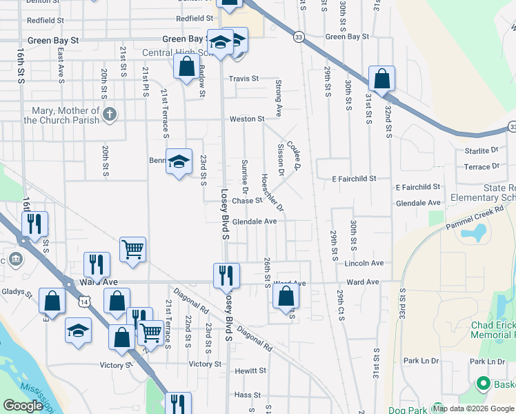 map of restaurants, bars, coffee shops, grocery stores, and more near 2417 Sunrise Drive in La Crosse