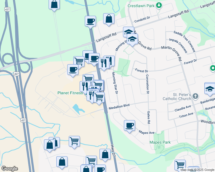 map of restaurants, bars, coffee shops, grocery stores, and more near 84 Lamp Crescent in Vaughan