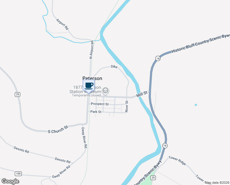 map of restaurants, bars, coffee shops, grocery stores, and more near 208 Mill Street in Peterson