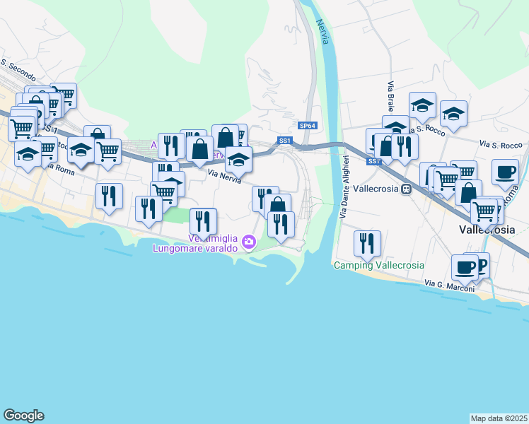 map of restaurants, bars, coffee shops, grocery stores, and more near 9 Via Nino Lamboglia in Ventimiglia