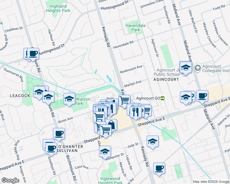 map of restaurants, bars, coffee shops, grocery stores, and more near 188 Bonis Avenue in Toronto