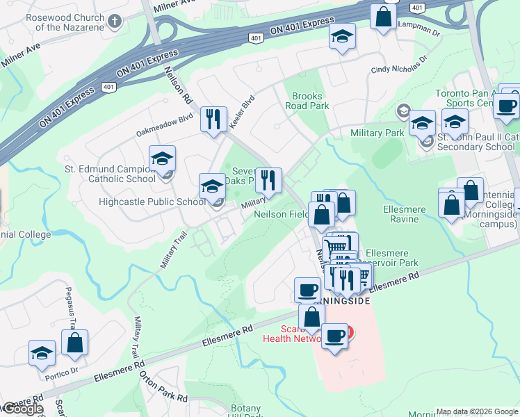 map of restaurants, bars, coffee shops, grocery stores, and more near 351 Military Trail in Toronto