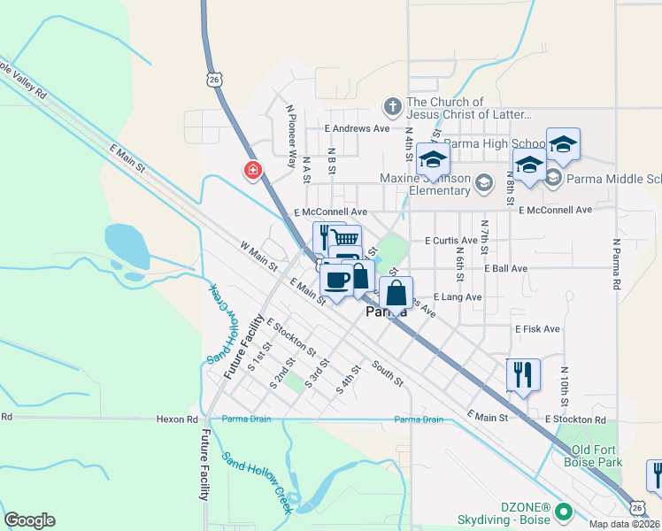 map of restaurants, bars, coffee shops, grocery stores, and more near 206 North 1st Street in Parma