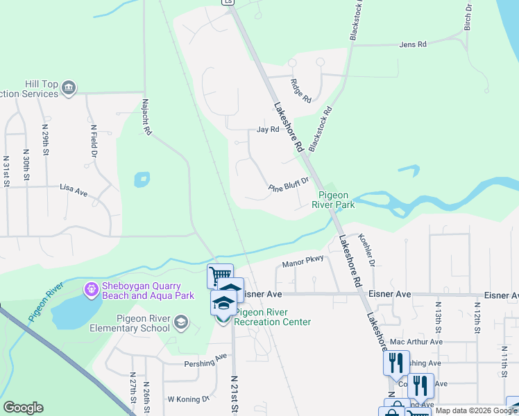 map of restaurants, bars, coffee shops, grocery stores, and more near 2035 White Pine Lane in Sheboygan