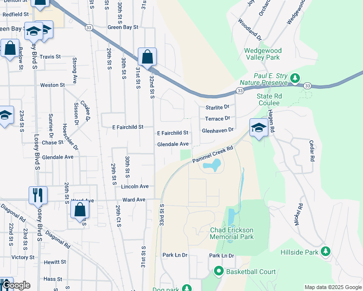 map of restaurants, bars, coffee shops, grocery stores, and more near 3304 Glendale Avenue in La Crosse