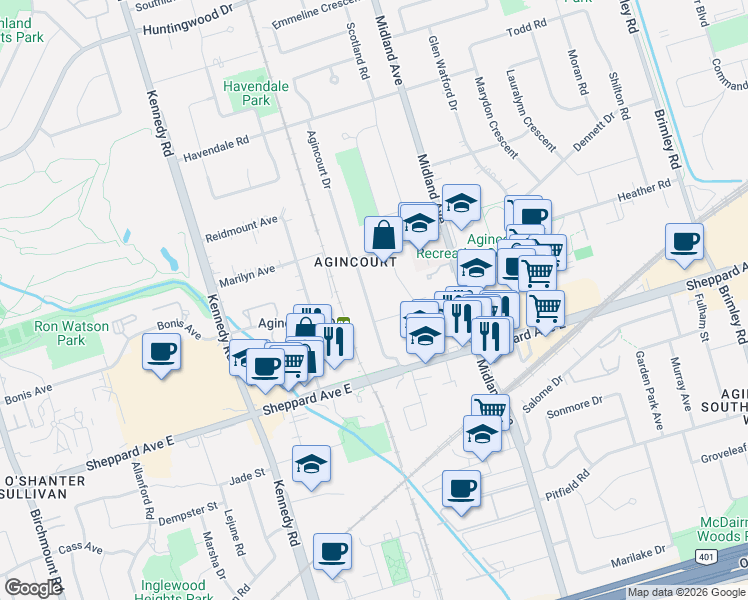 map of restaurants, bars, coffee shops, grocery stores, and more near 33 Agincourt Drive in Toronto